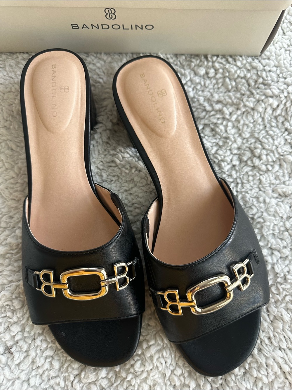 Bandolino Black Leather Slide Mules with Gold-Tone Buckle